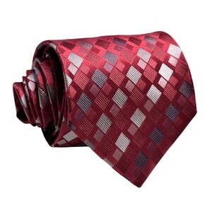 Giorgio Armani Jacquard Red Silver Gray Woven 3D Diamond VTG Italian Silk Tie